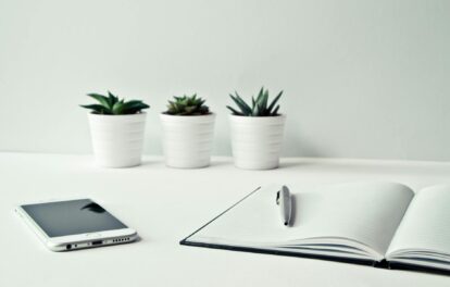 three white ceramic pots with green leaf plants near open notebook with click pen on top