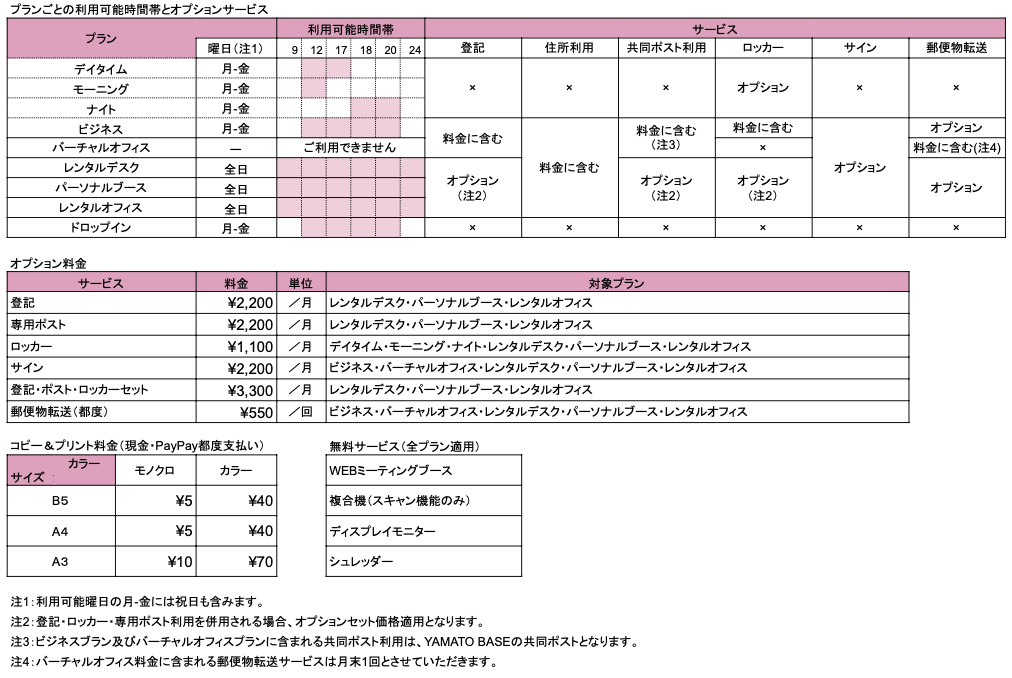 プランごとの利用時間帯とオプション