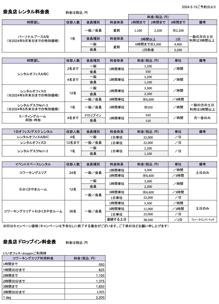 奈良店 レンタル料金表