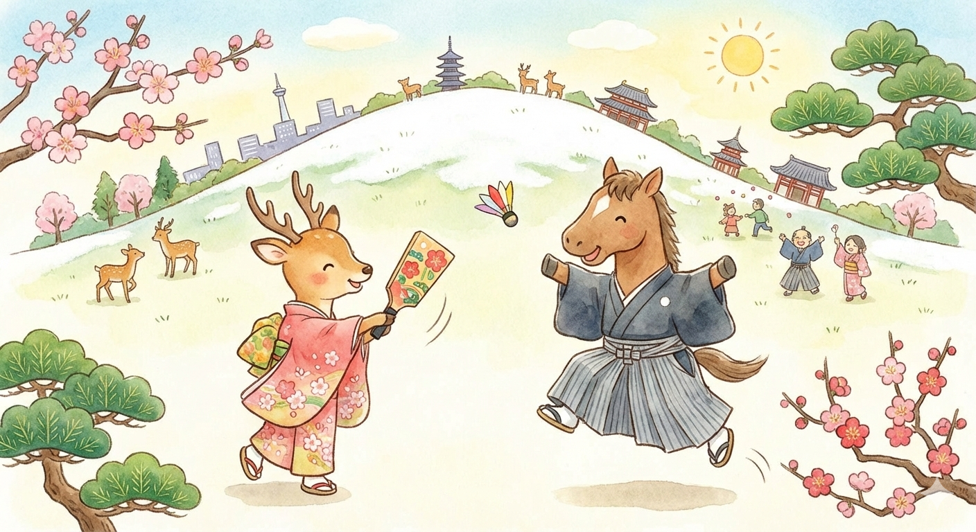 2026年新春 若草山で鹿と馬が羽根つき